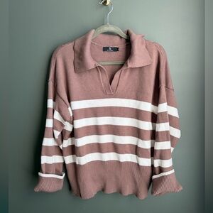 Striped Collared Sweater - Brown and White
